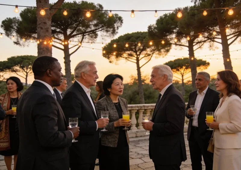 Delegates in conversation on an evening among the pines of Belek.